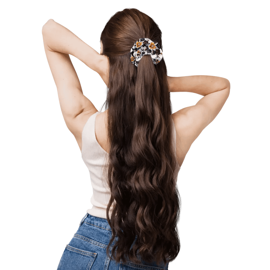 Hair Scrunchie - Painted Crimson, Black, and Yellow Flowers on White product image (11)