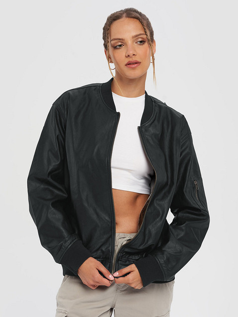 Photo showing Threadfast Apparel Faux Leather Bomber Jacket