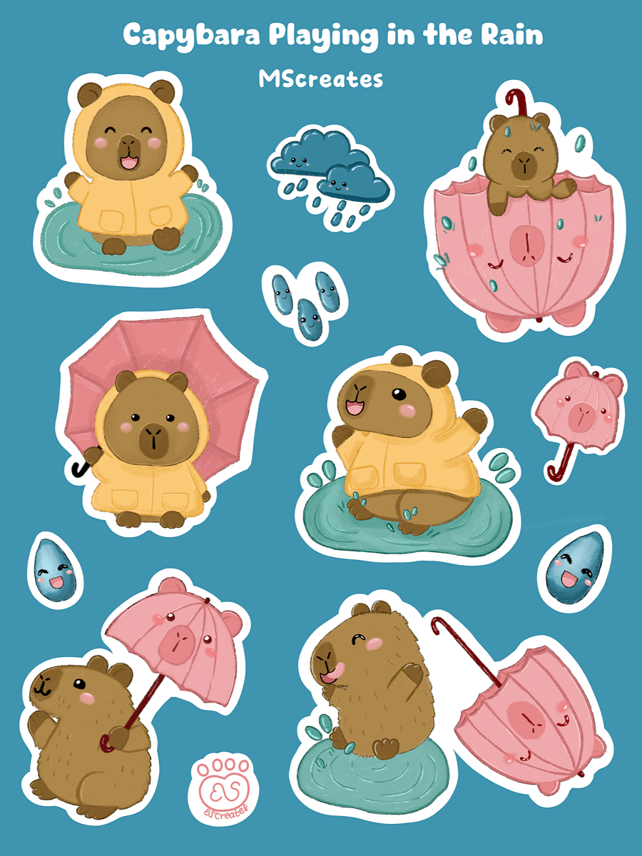 Capybara Playing in the Rain Sticker Sheet product image (1)