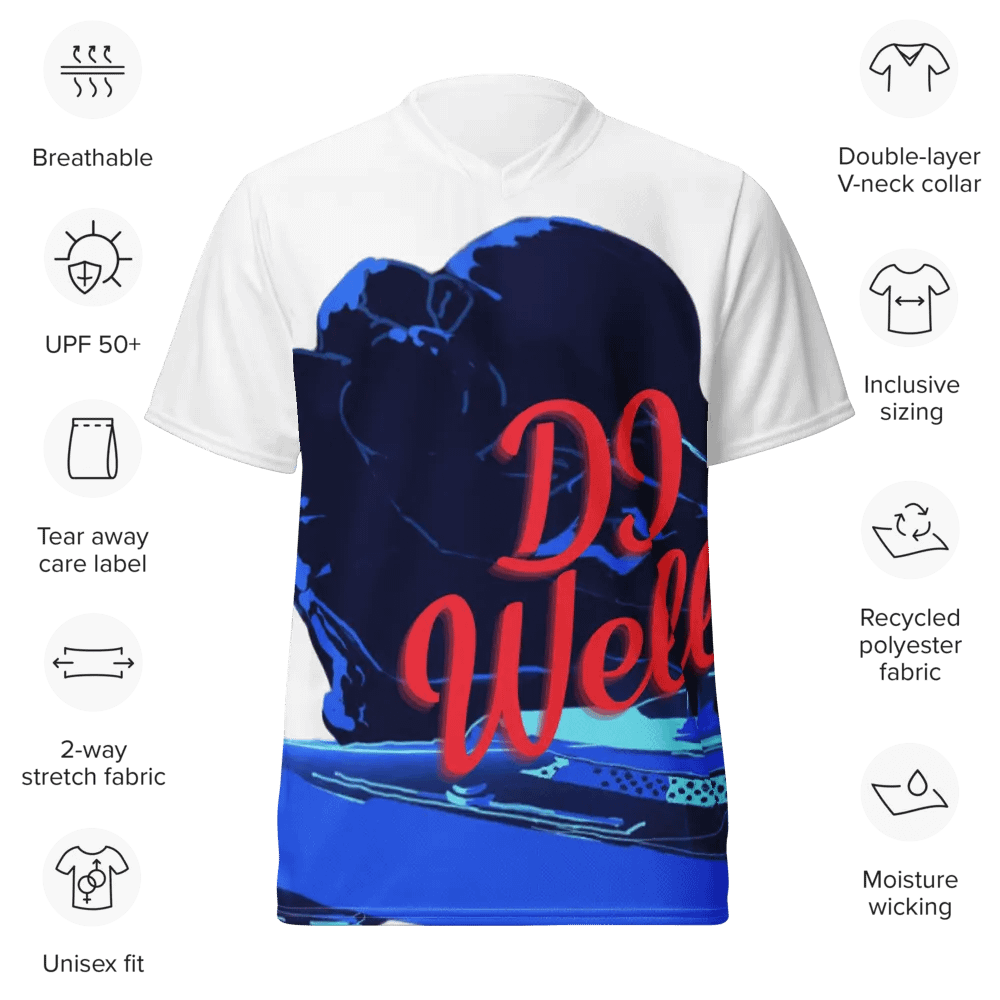 V-aukkoinen T-paita teknisestä kankaasta - Tyylikkä DJ Wellu-printillä. Unisex-malli. product image (4)