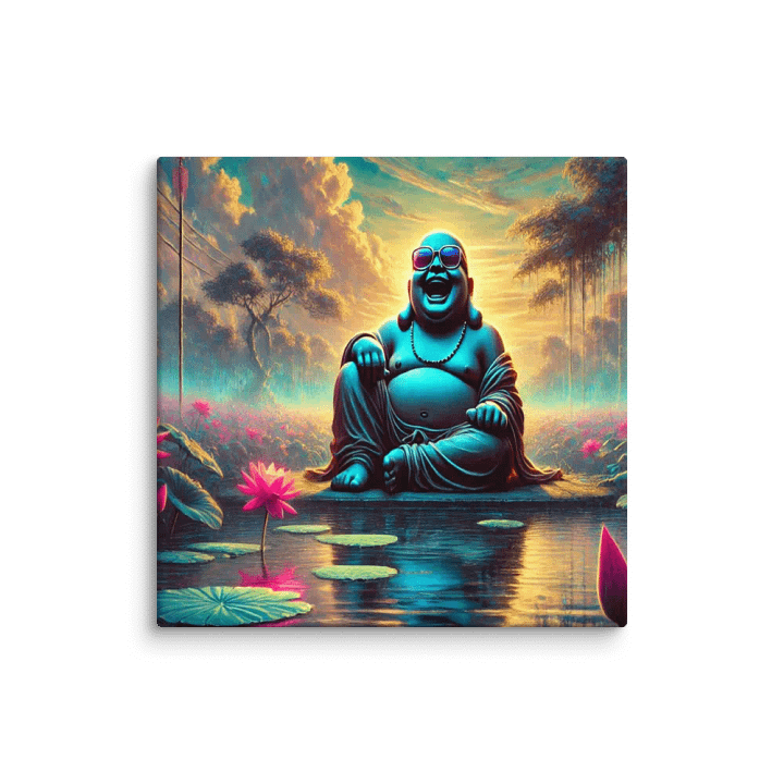 Joyful Buddha Art on Canva: Laughing Buddha by Pond Surrounded by Lotus Flowers in a Party Mood product image (3)