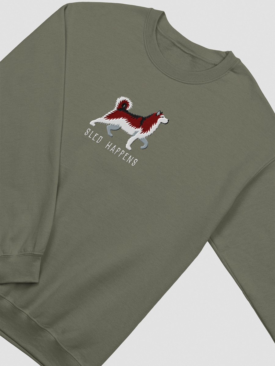 Sled Happens Sweatshirt (Embroidered) of an Alaskan Malamute(Red & White) product image (15)