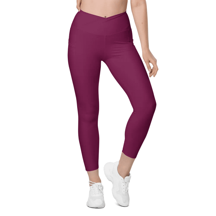 Plain Dark Burgundy Red True Summer Women's High Waisted Premium Crossover Leggings with Pockets by Treasure Pie product image (2)