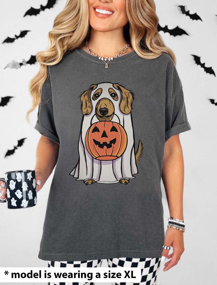 Funny Halloween Longhaired Dachshund(Fawn) T-Shirt | Funny Doxie/Wiener Wearing a Ghost Costume and Holding a Pumpkin Basket product image (14)