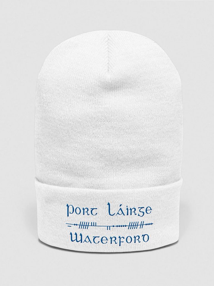 Waterford/Port Láirge, Scholastic style Ogham, white with blue, embroidered Cuffed Beanie product image (1)