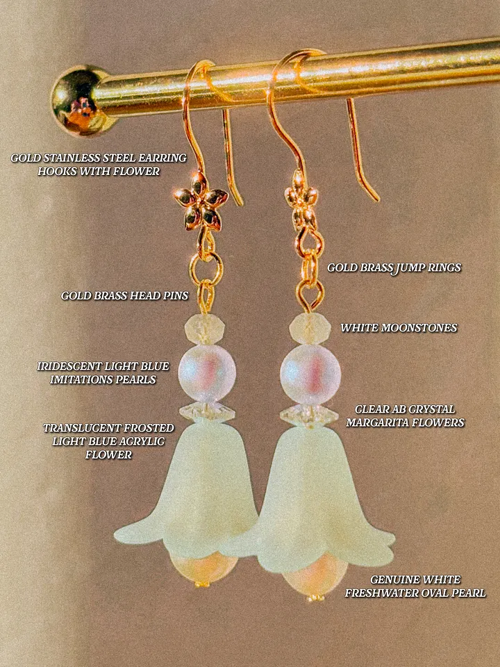 Light blue flower bells - Pearl and moonstone earrings product image (2)