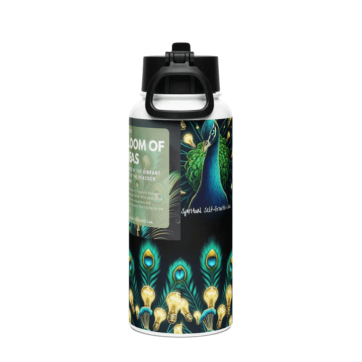 "Bloom of Ideas" – Illuminated Peacock Feather Stainless Steel Water Bottle for Spiritual Growth and Inspired Reflection Black product image (2)