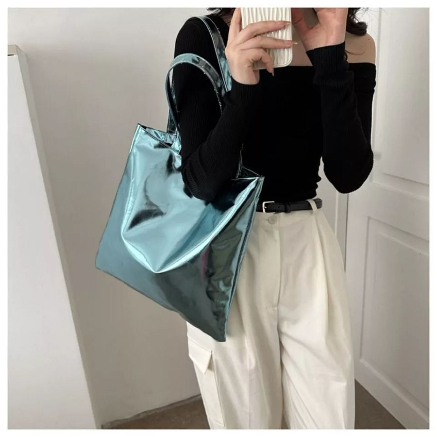 Solid Color Shiny Casual Handbags PU Shoulder Bag 2023 Glossy Tote Bags product image (3)