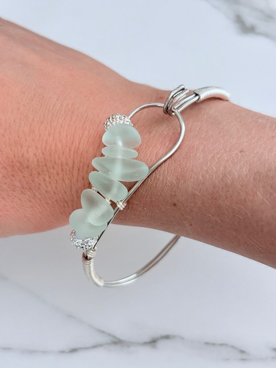 Seafoam Pebble Tide Bracelet | Wire-Wrapped Sea Glass | Handmade 7.75" Coastal Charm by Monique Faella Designs™ | MFD-00200 product image (5)