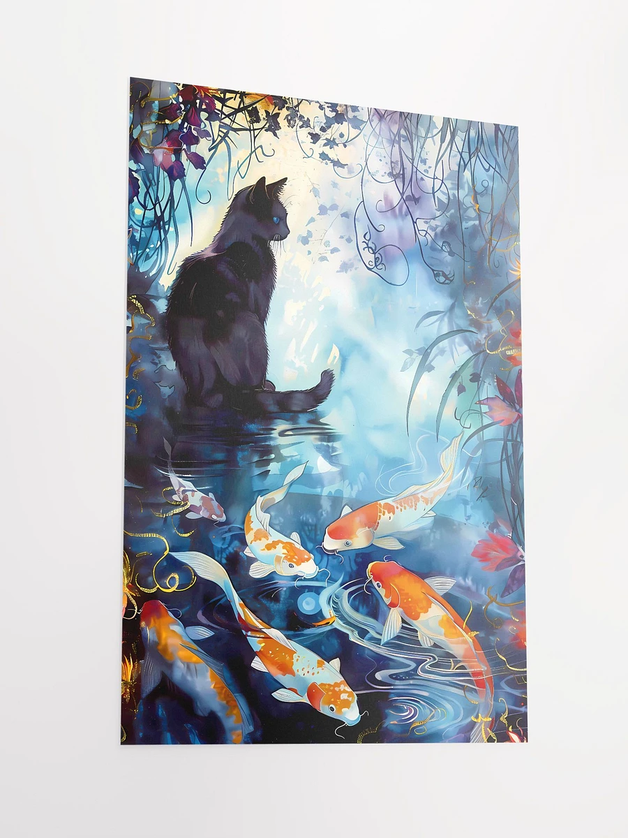 Tranquil Whiskers and Koi Dance: A Black Cat's Waterside Reverie Matte Poster product image (4)