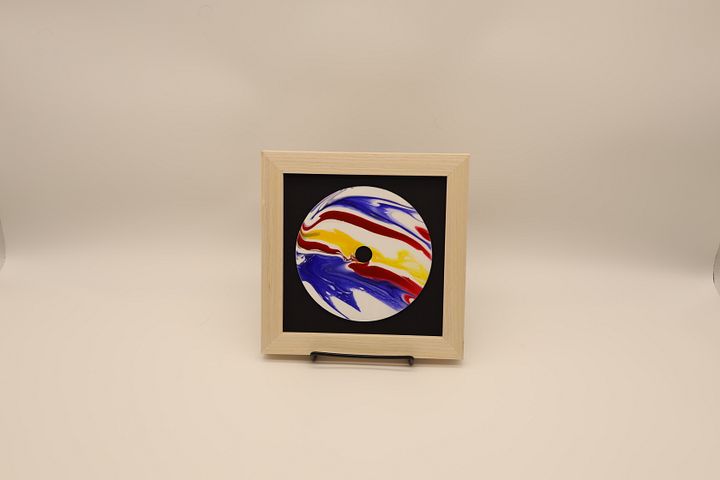 Framed Acrylic Pour Painting on CD - Blue, Yellow, and Red product image (2)