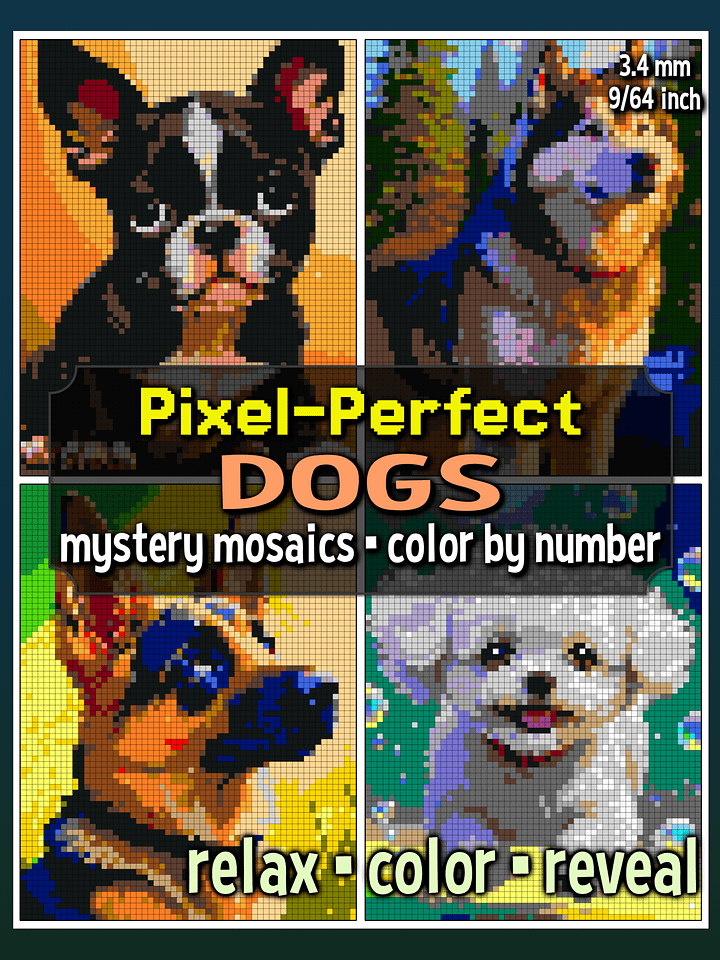 Pixel-Perfect Dogs Mystery Mosaic Color By Number: Pixel Art Digital Coloring Book with 36 Illustrations product image (1)