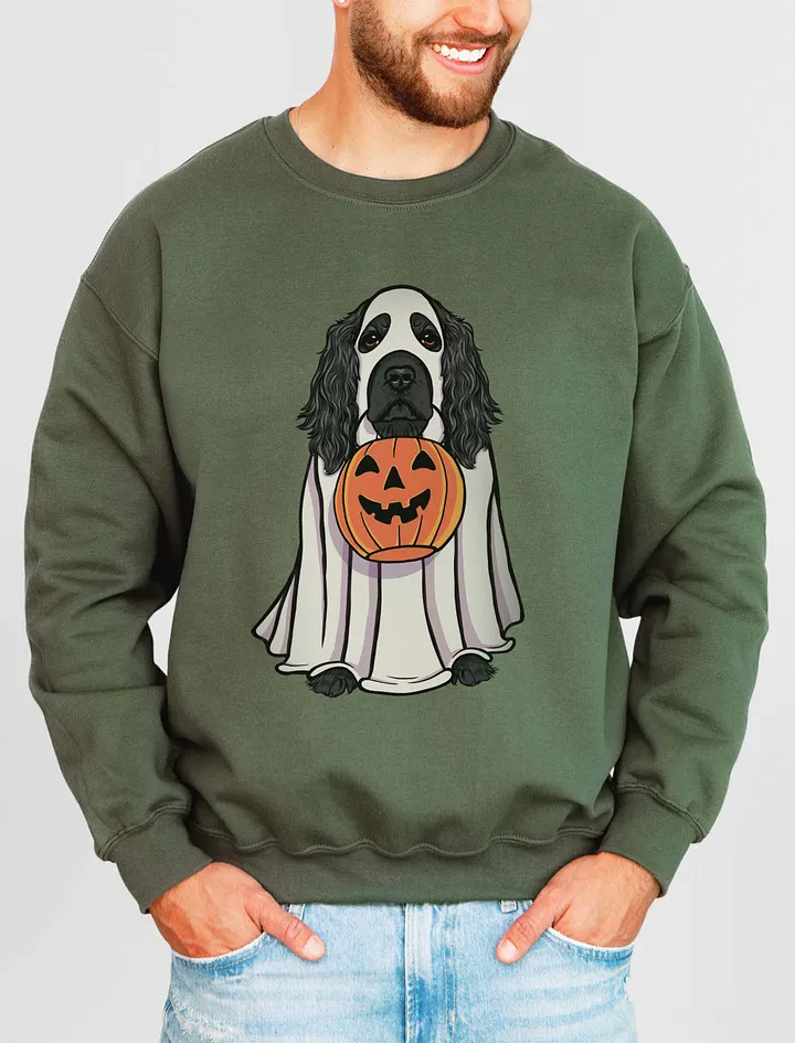 Funny Halloween Cocker Spaniel(Black) Sweatshirt | Funny Cocker Spaniel Wearing a Ghost Costume and Holding a Pumpkin Basket product image (11)