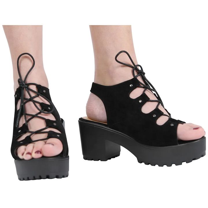 GIRLS KIDS MID LOW BLOCK HEEL CHUNKY LACE UP CUT OUT GLADIATOR SANDALS SHOES product image (2)