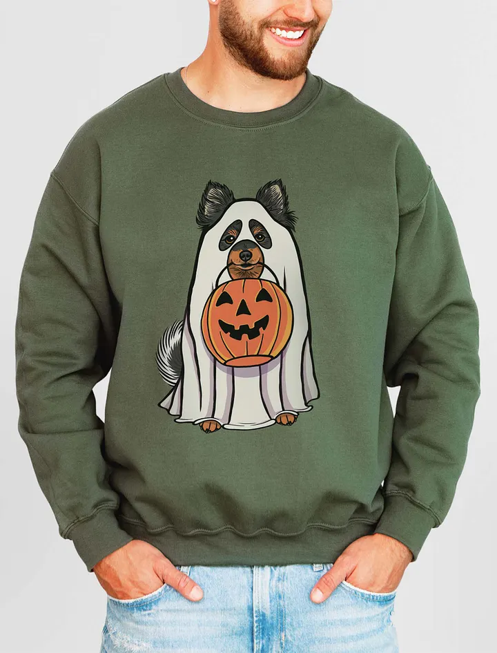 Funny Halloween Pomeranian(Tricolor) Sweatshirt | Funny Pomeranian Wearing a Ghost Costume and Holding a Pumpkin Basket product image (11)