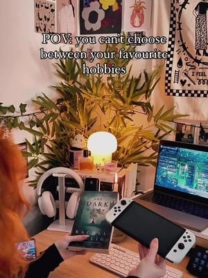 Why is it so hard to pick sometimes! (Reading won this time) 📖🎮 Which hobbies do you have a hard time choosing between?  • • • #cozygaming #cozysetup #cozyaesthetic #cozyspace #cozyvibes #bookish #booktok #booksbooksbooks #booklover #bookaddict #nintendoswitch #cozygamingcommunity #cozygamingsetup #desksetup 