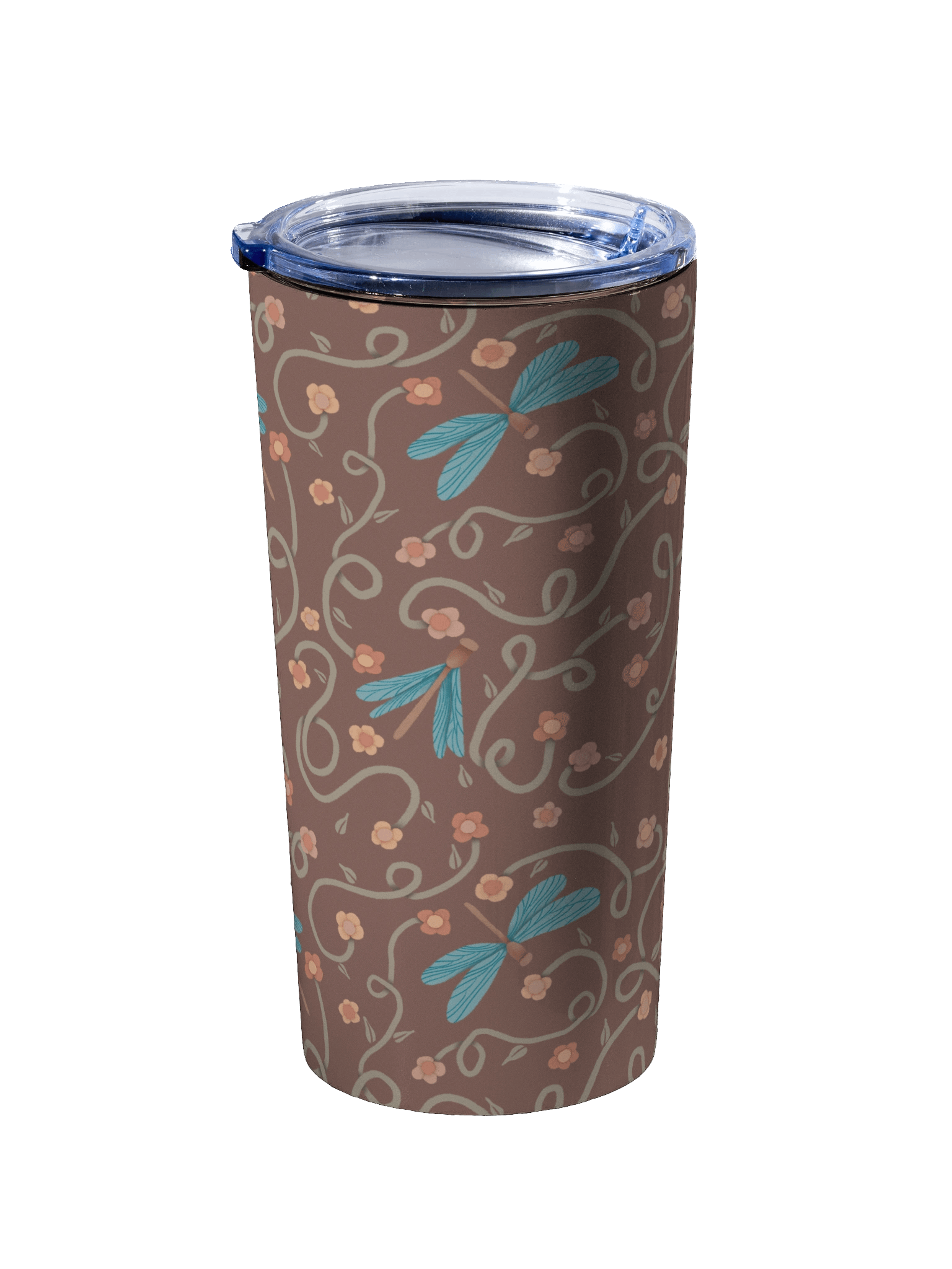 Stainless steel tumbler with dragonfly and floral design. Artistic and durable drinkware product image (2)
