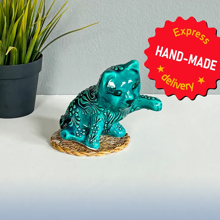 Ceramic turquoise cat — handmade pottery, handmade ceramic, home decor, handmade gift, Turkish ceramic product image (1)