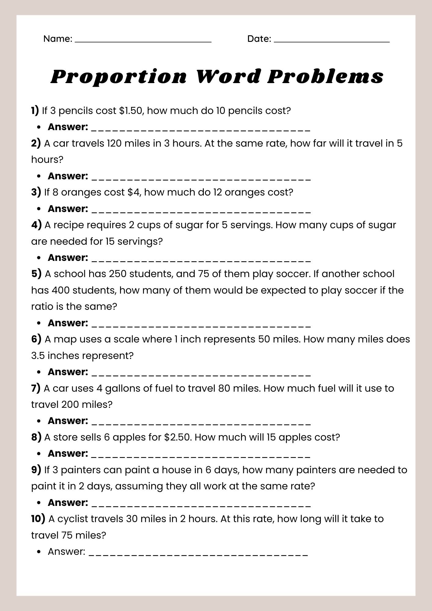 Proportion Word Problems Worksheet - Printable PDF product image (1)