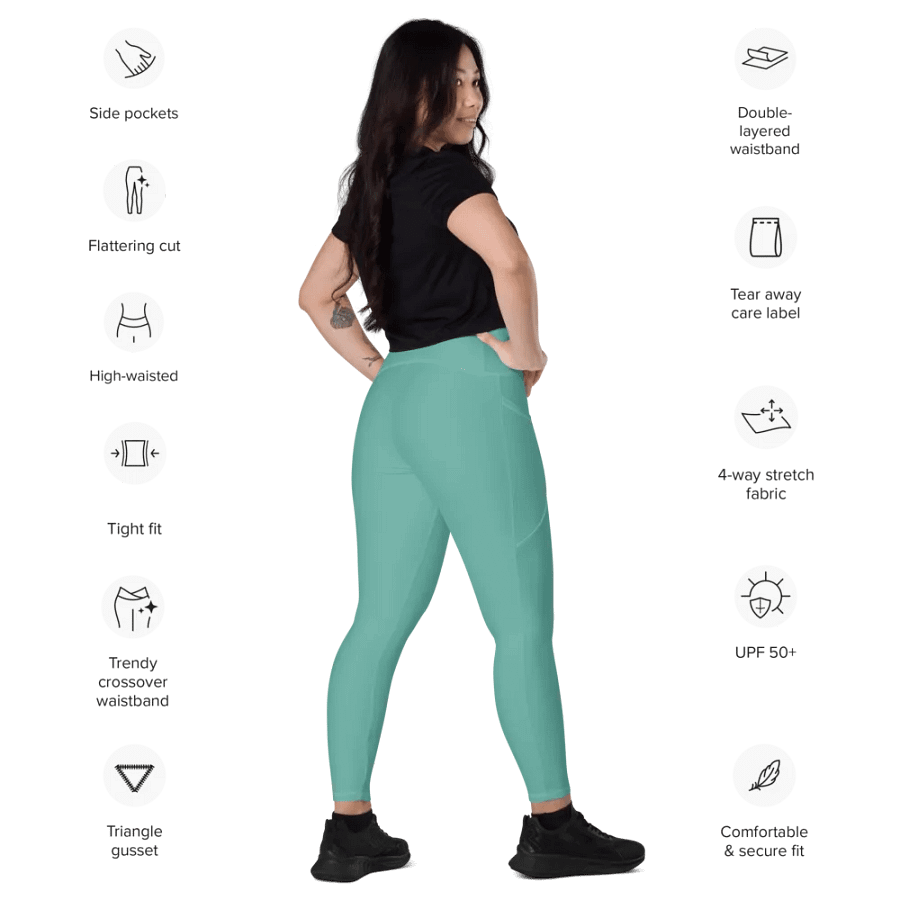 Plain Turquoise Green True Summer Women's High Waisted Premium Crossover Leggings with Pockets by Treasure Pie product image (12)