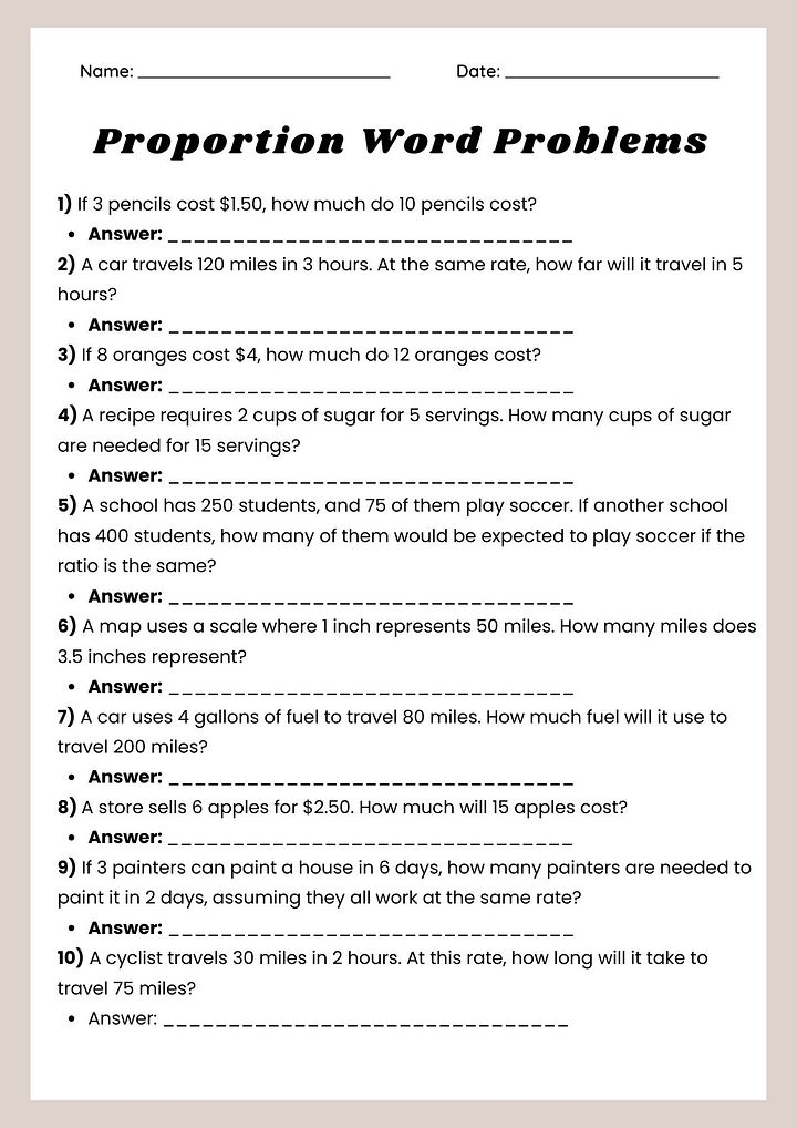 Proportion Word Problems Worksheet - Printable PDF product image (1)