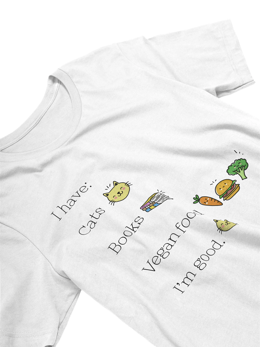 “Cats, Books, and Vegan Food” Unisex White T-Shirt product image (2)