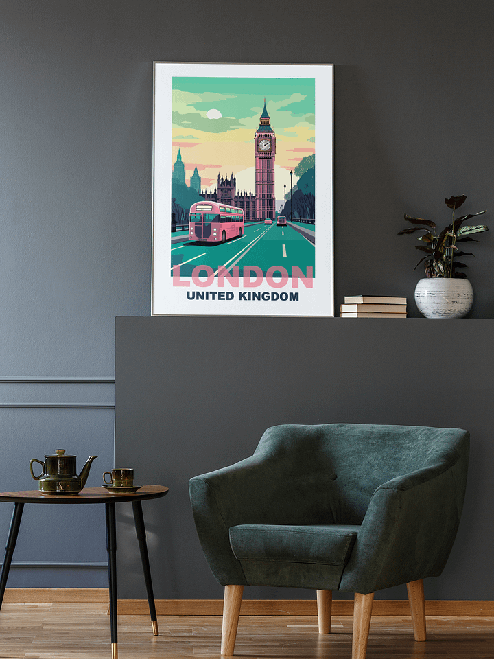 Classic London Cityscape Poster with Iconic Red Bus, Big Ben Sunrise Print, United Kingdom Urban Art, British Travel Wall Decor product image (2)