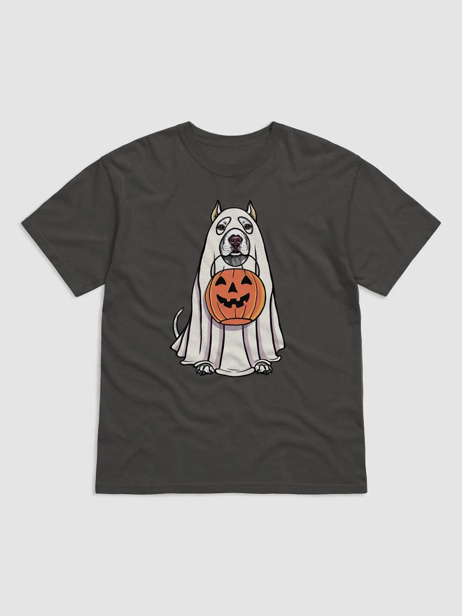 Funny Halloween Pitbull Terrier(Cropped Ears) T-Shirt | Funny Pittie Wearing a Ghost Costume and Holding a Pumpkin Basket product image (16)