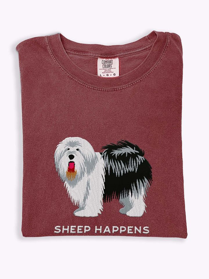 Sheep Happens T-Shirt(Embroidered) of an Old English Sheepdog(Black & White) product image (1)