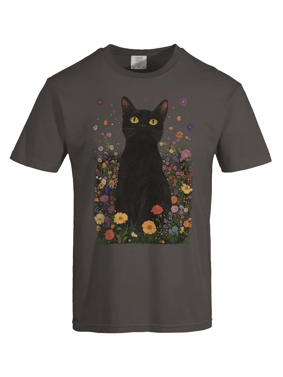 Black Cat in Wildflowers – Relaxed Fit Heavyweight Unisex Cotton T-Shirt product image (1)