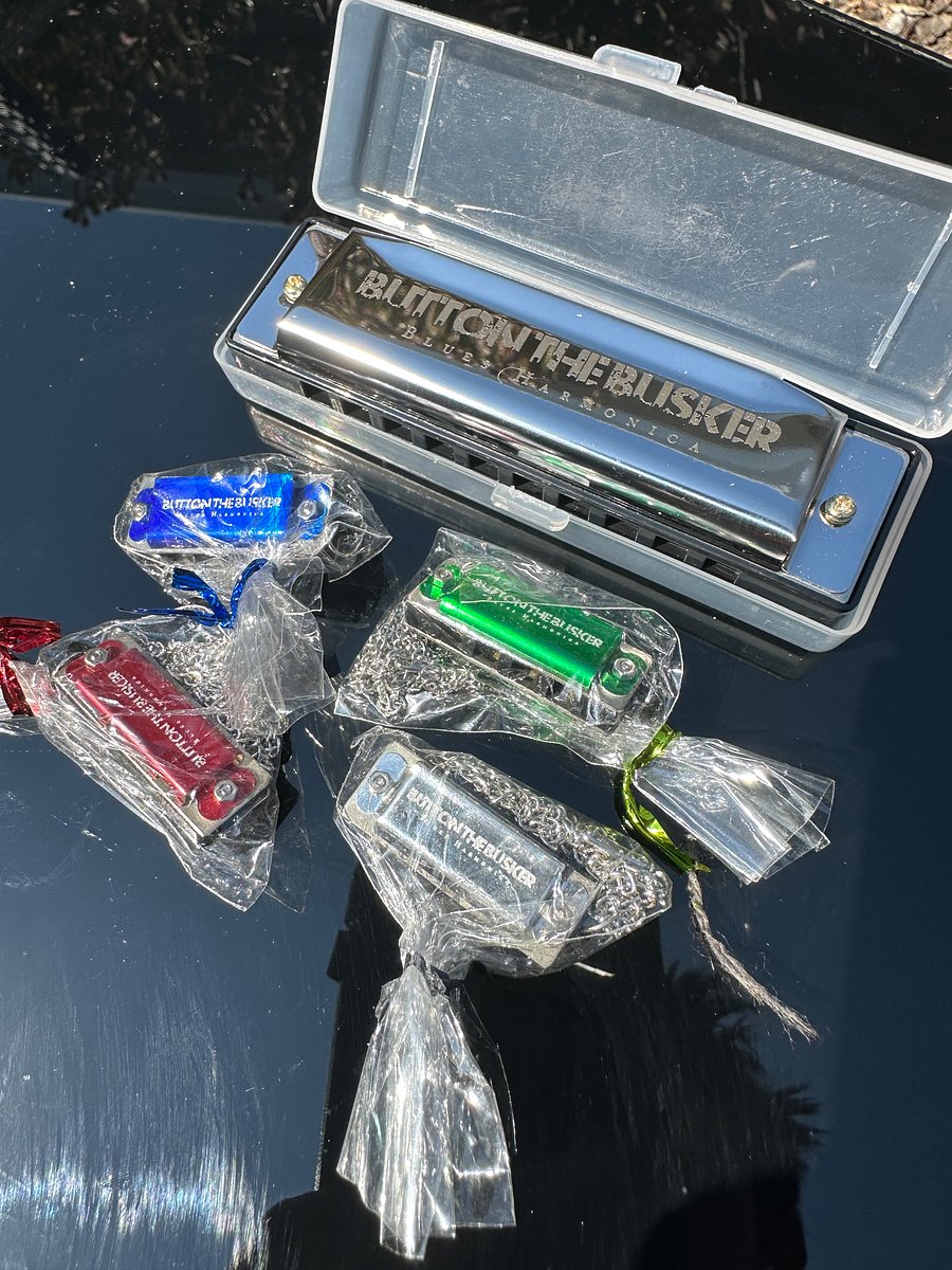 SIGNED Button the Busker Blues Harmonica + 4 Mini Harmonica Keychain/Necklace product image (3)