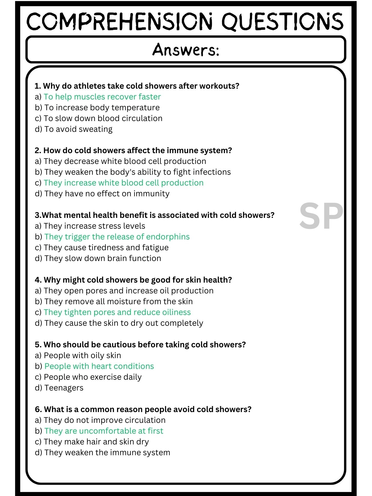 Cold Shower Benefits Reading Comprehension with Multiple-Choice Questions product image (4)