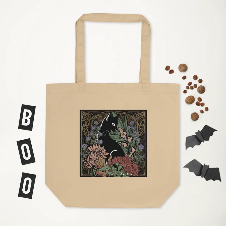 Custom Drawn Art Nouveau Black Cat With Flowers Eco-Friendly Canvas Tote Bag product image (6)