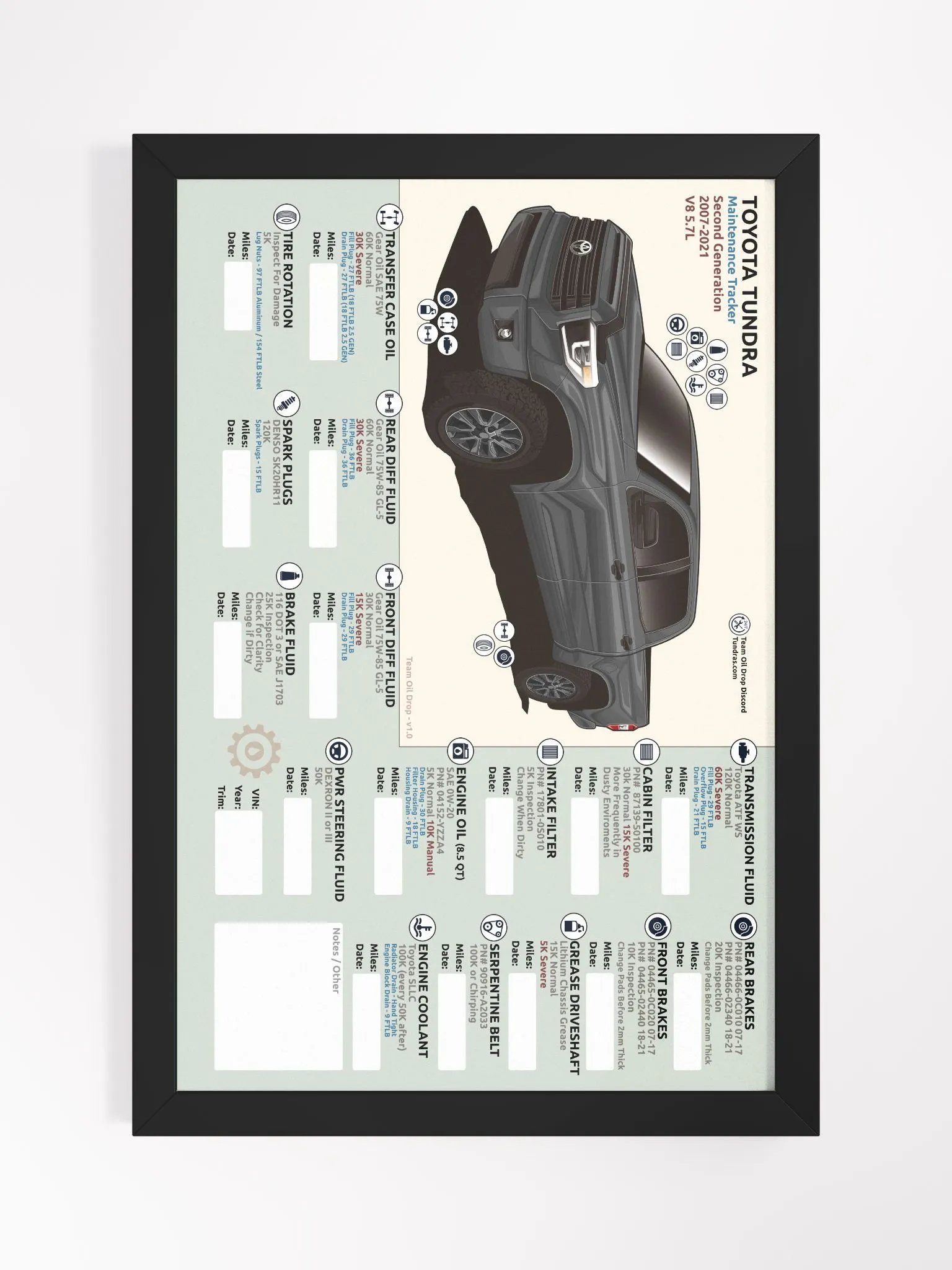 2ND GEN TUNDRA MAINTENANCE TRACKER - MGM Gray (Framed) product image (2)