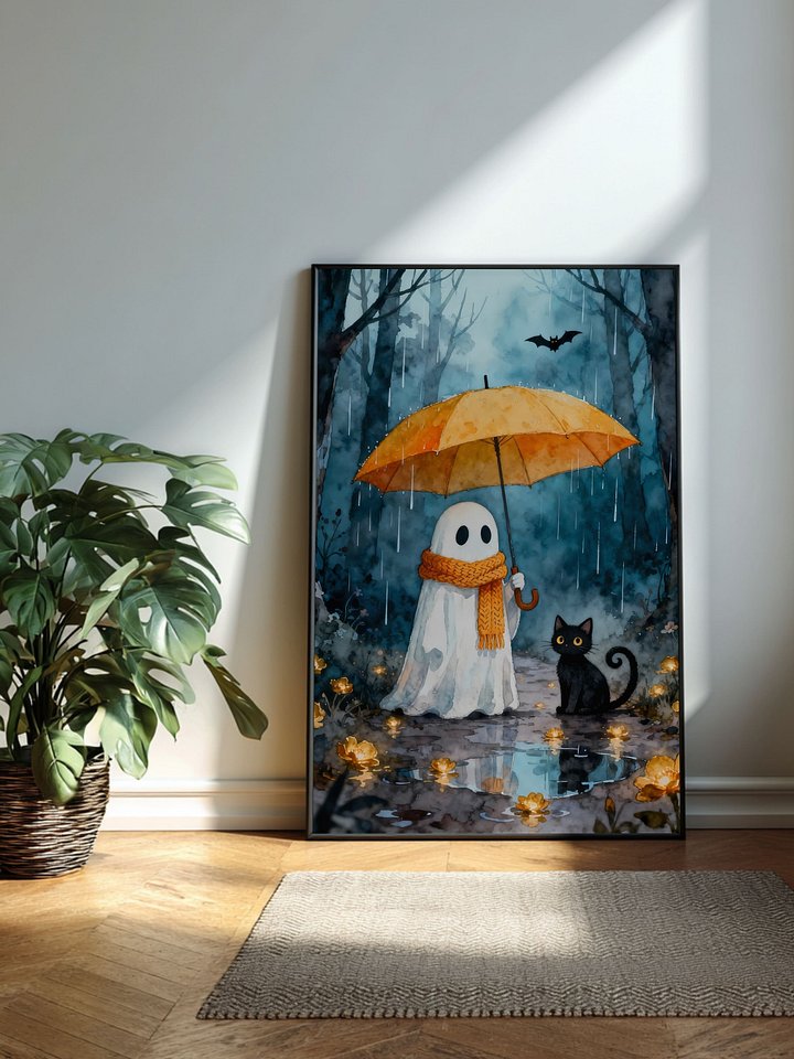 Watercolor Ghost & Black Cat Wall Art | Rainy Forest Umbrella Illustration | Printable Digital Art in Multiple Sizes product image (2)