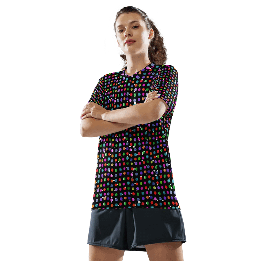 Ladies all over print t shirt black with watercolor dots design. Ideal for casual as well as evening wear product image (10)