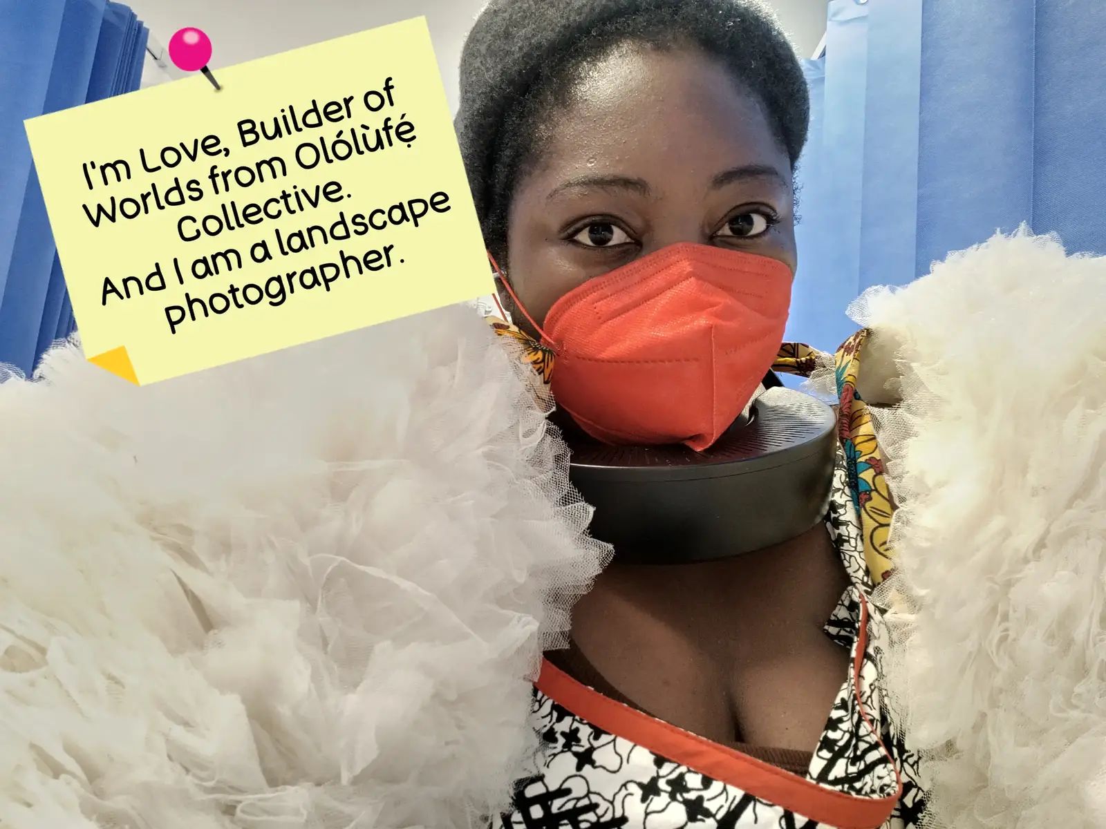 Anyone else find they love shooting but have little time to edit? Comment which photo I should edit first.  image 1: a picture of a west African person in a hospital setting wearing a red mask, grey beret and a fluffy beige shrug. it says 