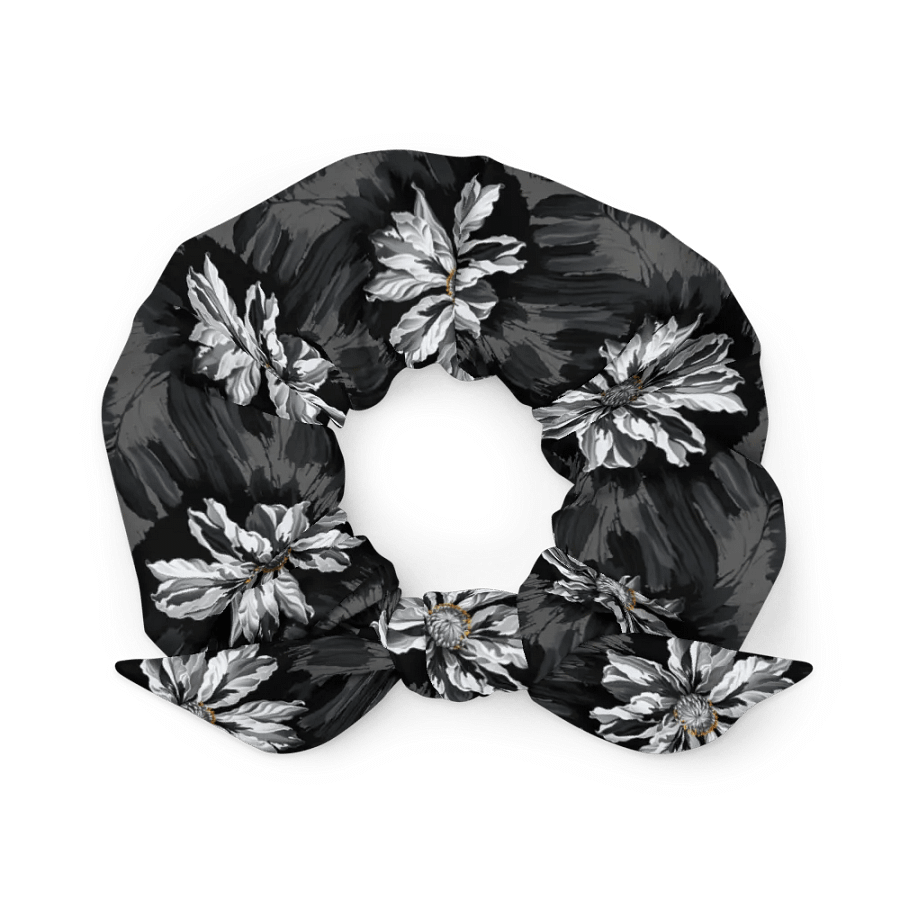 Hair Scrunchie - Painted Gray Flowers on a Black Background product image (2)