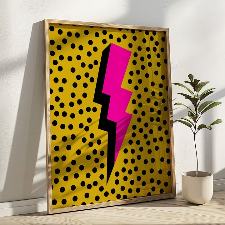 Pink Lightening Bolt on Yellow Dotted Retro Art Print product image (1)