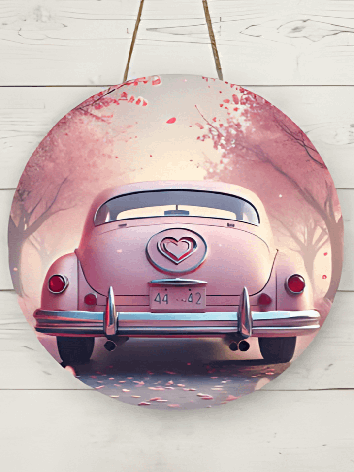 Vintage Car Valentine Round Door Sign Sublimation Design – high-quality 300 DPI PNG digital download product image (1)