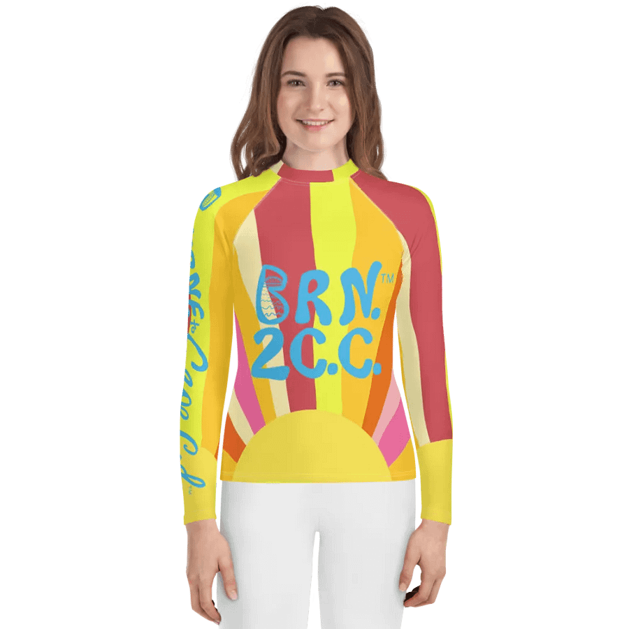 Girls' | YOUTH | Rash Guard | BRN.2C.C.™ Front Graphic | BOURNE to Cape Cod™ Sleeve & Back Logo | Coastal Swim Shirt for Kids | UV Protection Activewear | Blue Logo | Colorful Sun product image (1)