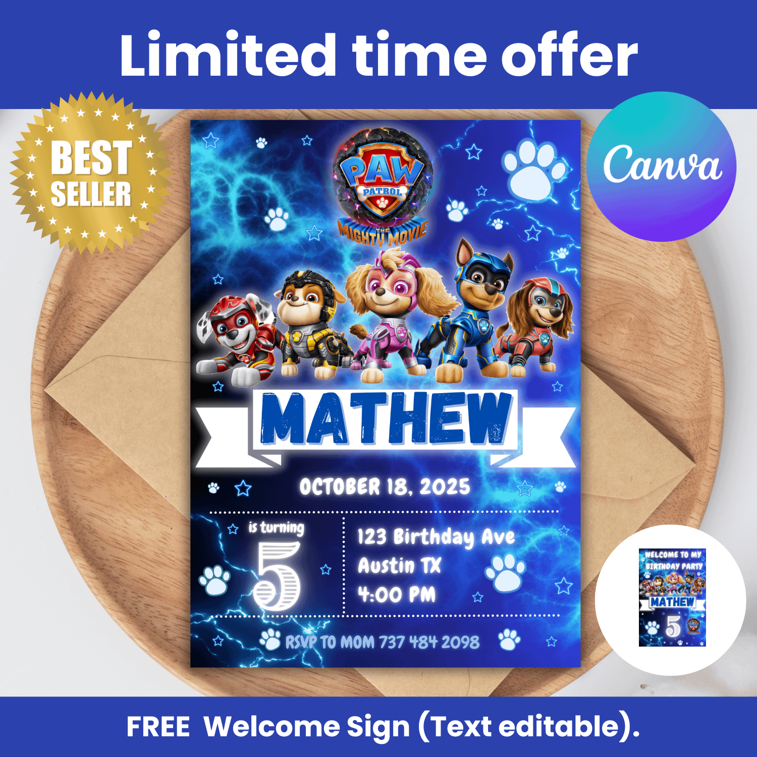 Editable Text Paw Patrol The Mighty Movie Birthday Invitation - Canva - Super Paw patrol product image (1)