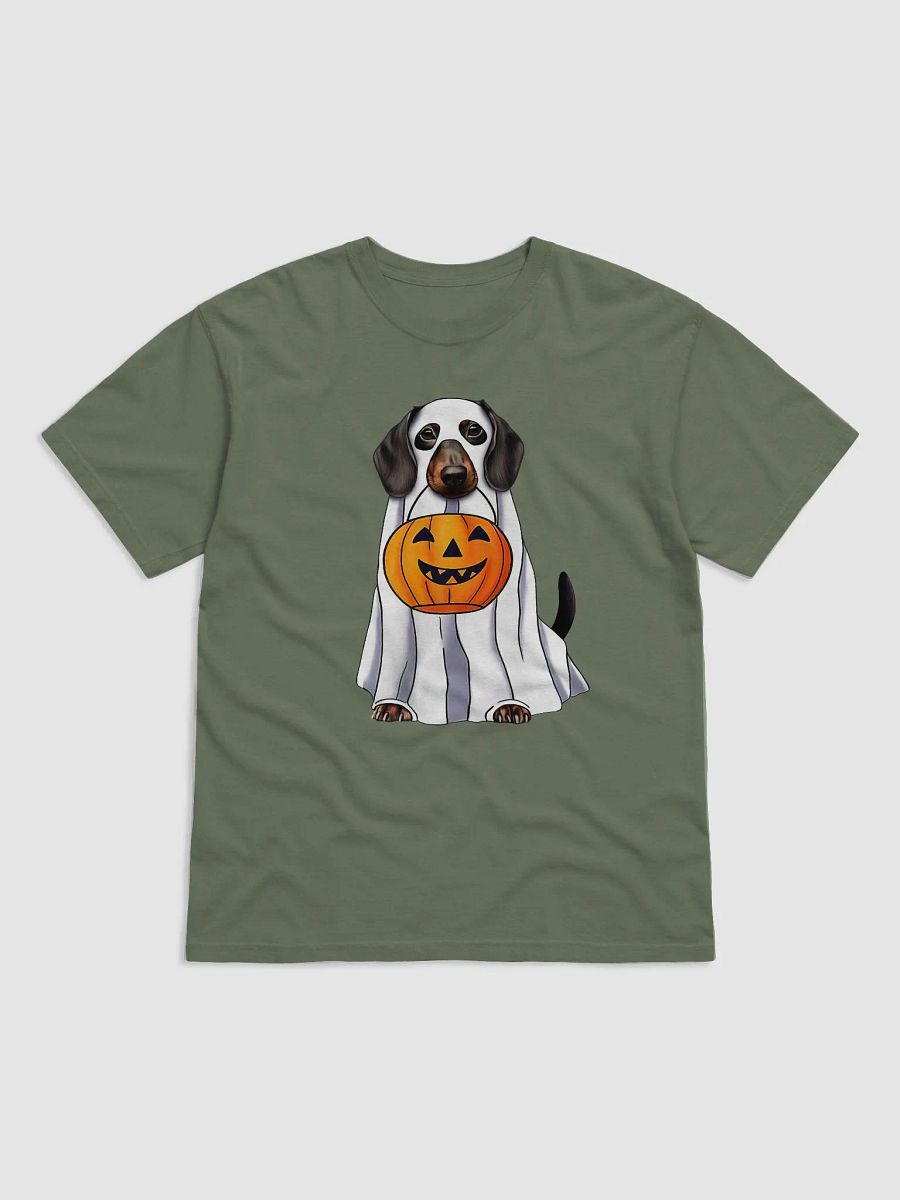 Dachshund Halloween Comfort Colors Tee | Funny Halloween Wiener/Doxie Wearing a Ghost Costume with Pumpkin Basket product image (2)