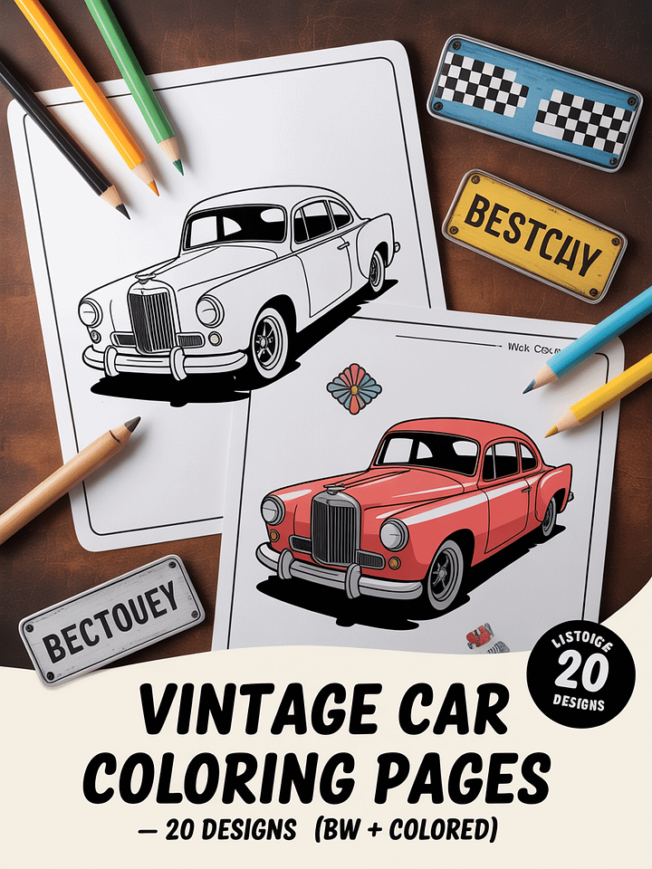 Vintage Car Coloring Pages | 20 Retro Car Designs | Black & White + Colored Reference Pack product image (1)