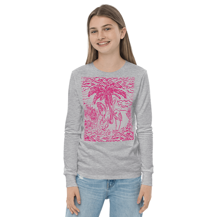Girls’ | Youth Long Sleeve Tee | DTG Vintage Print | Pink on Grey Flamingo Fancy Toile Design | Monique Faella Designs™ | Tropical Whimsy with Coastal Charm product image (2)