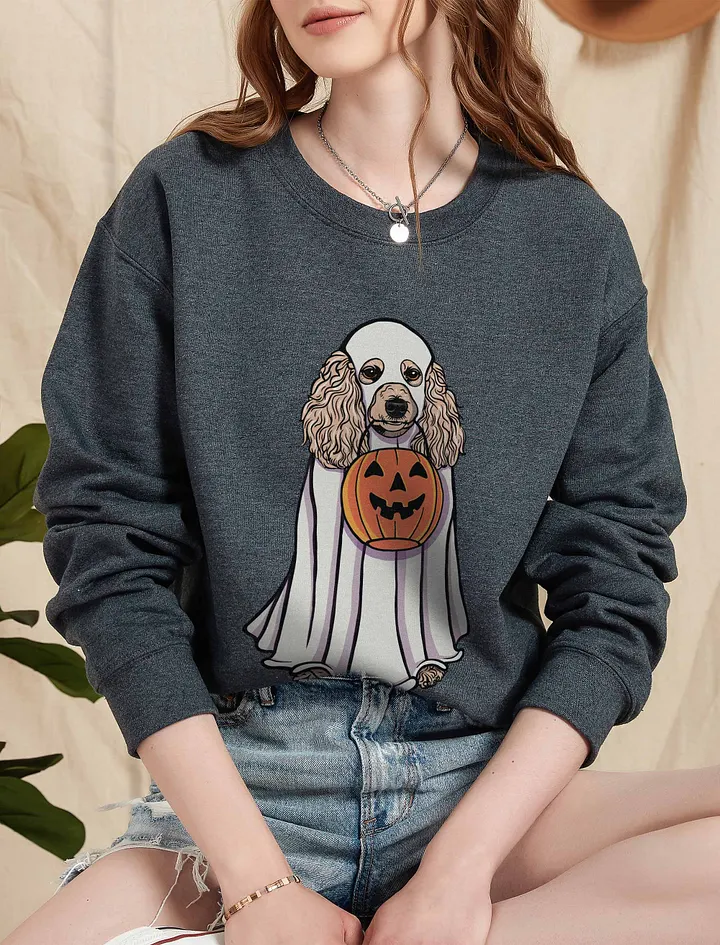 Funny Halloween Poodle(Beige) Sweatshirt | Funny Papillon Wearing a Ghost Costume and Holding a Pumpkin Basket product image (5)