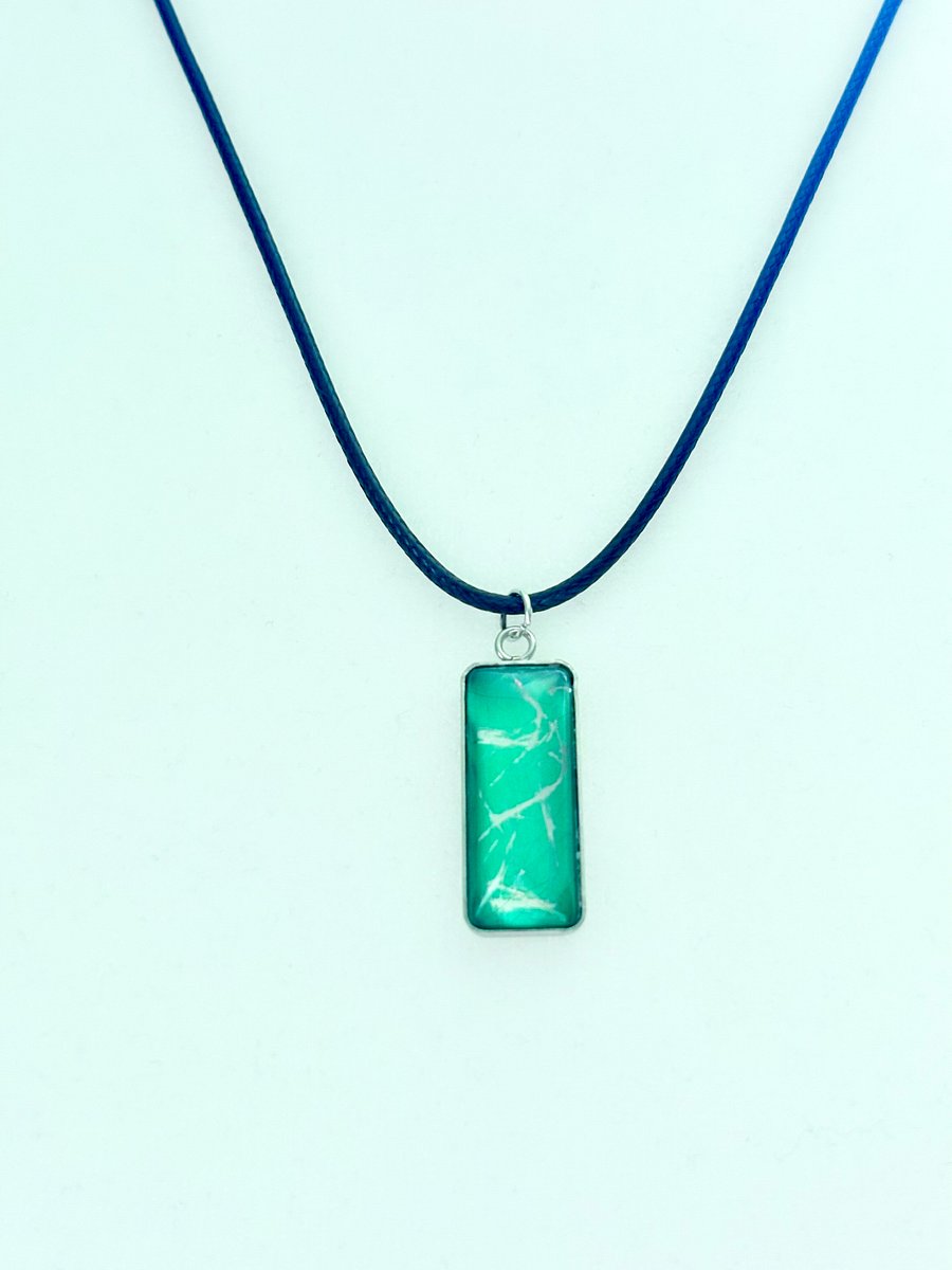 Electric Tide Pendant Necklace | Green & Silver Tones | Rectangle Cabochon | Monique Faella Designs™ | MFD-00141 product image (3)
