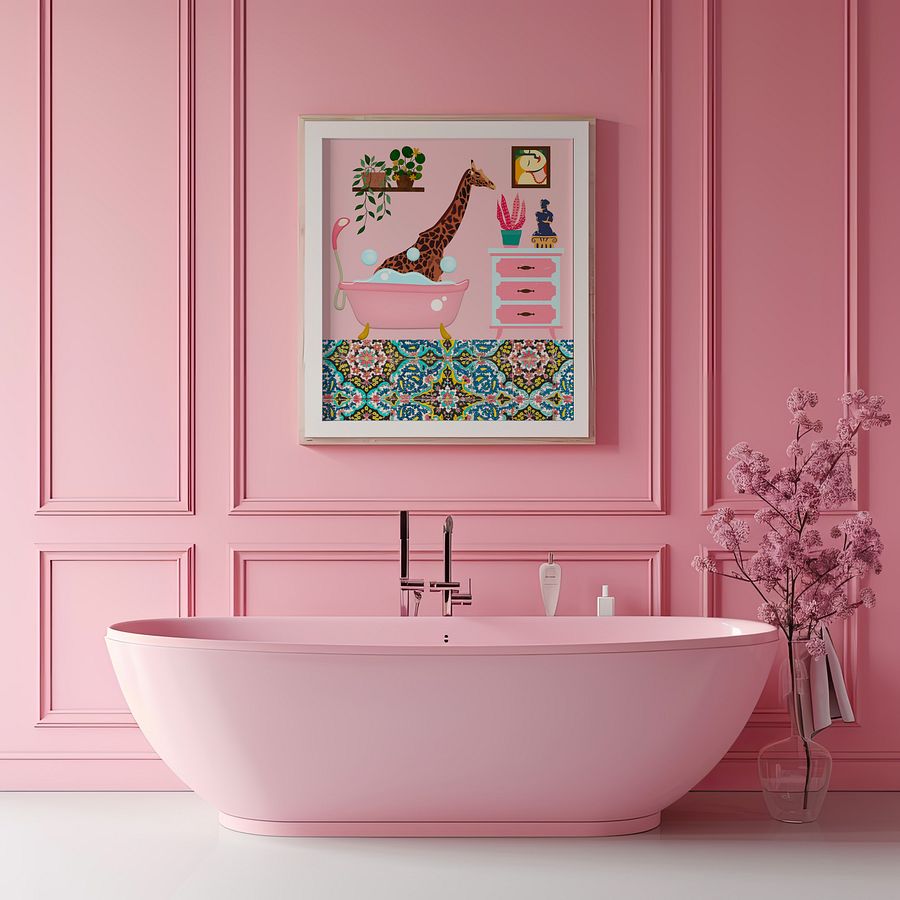 Bathing Giraffe Pink Bathroom Wall Art Print product image (6)