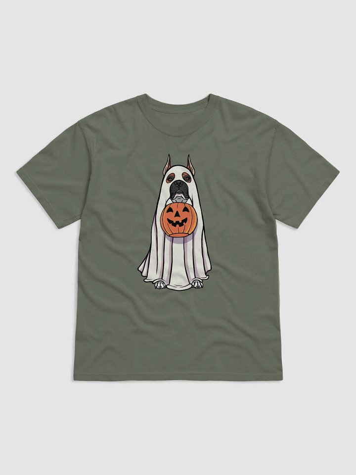 Funny Halloween Boxer Dog(Cropped Ears, Black Mask) T-Shirt | Funny Boxer Wearing a Ghost Costume and Holding a Pumpkin Basket product image (1)
