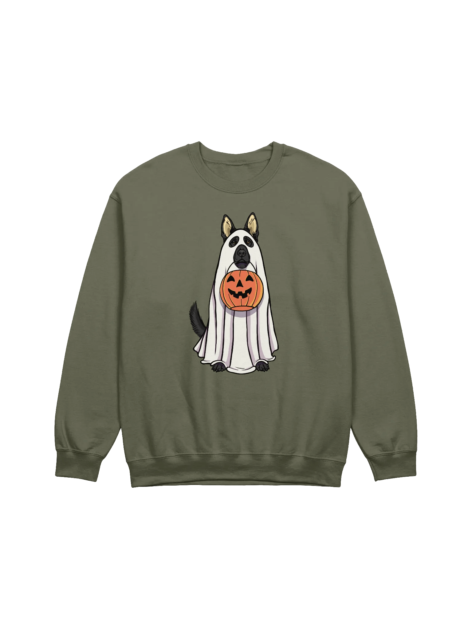 Funny Halloween German Shepherd(Black) Sweatshirt | Funny GSD Wearing a Ghost Costume and Holding a Pumpkin Basket product image (13)
